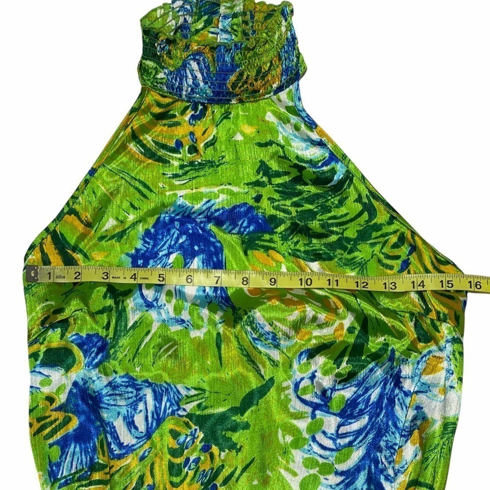 COTTON Express Green Blue Floral Print Open Back Halter Sleeveless Blouse - Picture 8 of 11